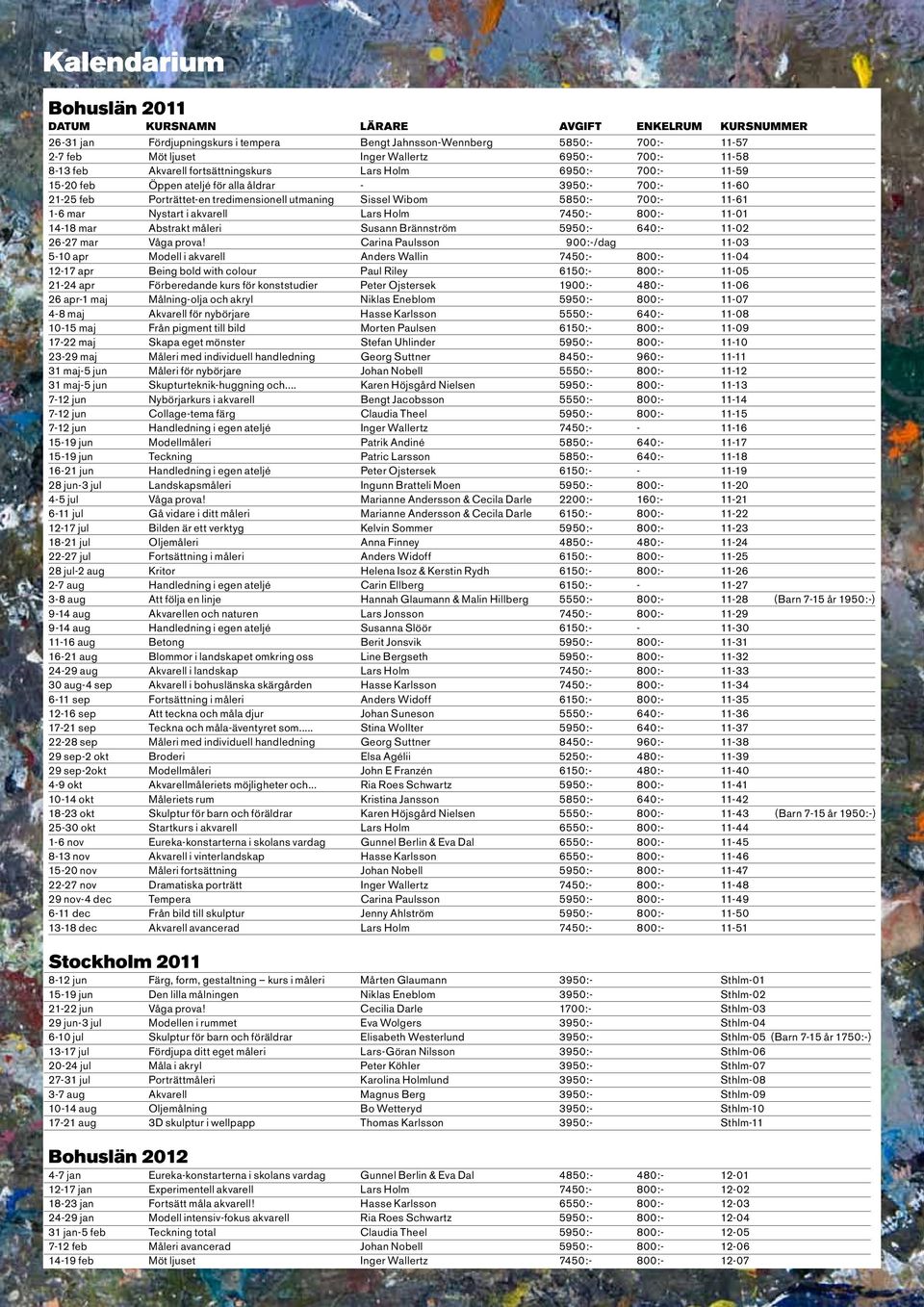 5850:- 700:- 11-61 1-6 mar Nystart i akvarell Lars Holm 7450:- 800:- 11-01 14-18 mar Abstrakt måleri Susann Brännström 5950:- 640:- 11-02 26-27 mar Våga prova!