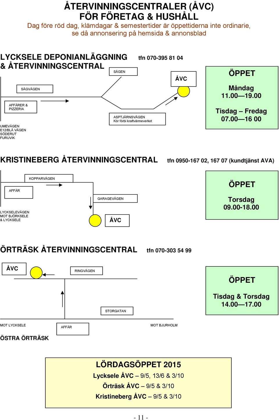 00 16 00 KRISTINEBERG ÅTERVINNINGSCENTRAL tfn 0950-167 02, 167 07 (kundtjänst AVA) AFFÄR LYCKSELEVÄGEN MOT BJÖRKSELE & LYCKSELE KOPPARVÄGEN GARAGEVÄGEN ÅVC ÖPPET Torsdag 09.00-18.