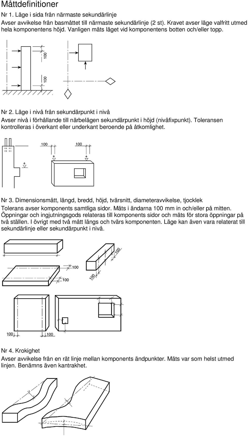 Toleransen kontrolleras i överkant eller underkant beroende på åtkomlighet. Nr 3. Dimensionsmått, längd, bredd, höjd, tvärsnitt, diameteravvikelse, tjocklek Tolerans avser komponents samtliga sidor.