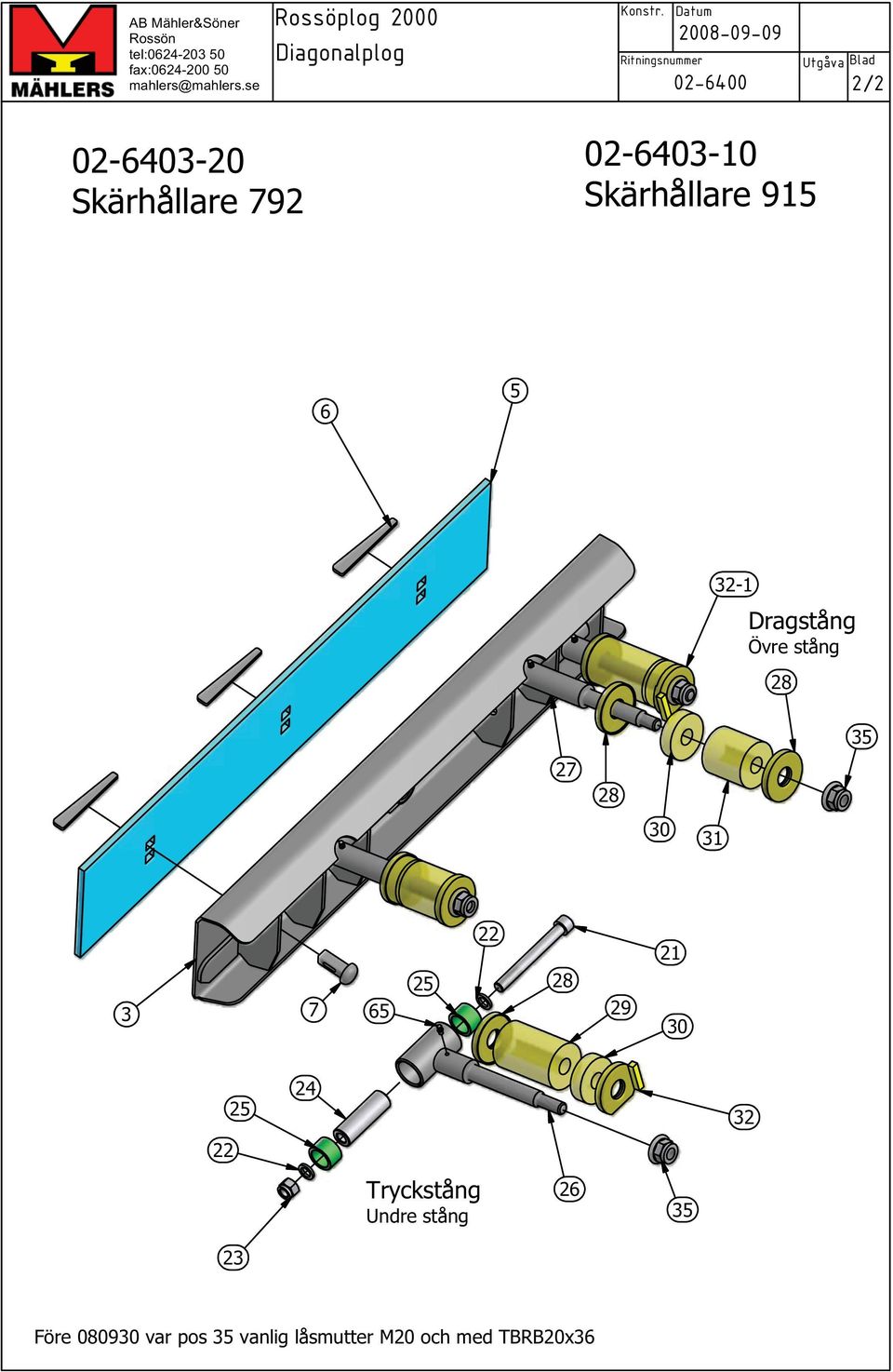 Datum Ritningsnummer 2008-09-09 02-6400 Utgåva Blad 2 2 02-6403-20 Skärhållare 792 02-6403-10