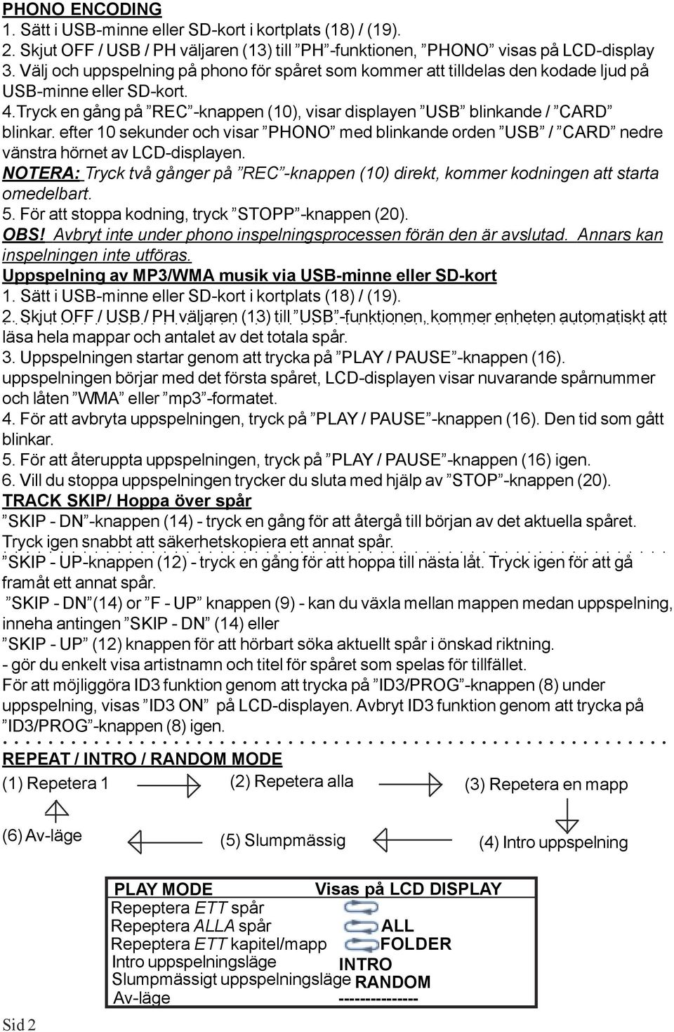 efter 10 sekunder och visar PHONO med blinkande orden USB / CARD nedre vänstra hörnet av LCD-displayen. NOTERA: Tryck två gånger på REC -knappen (10) direkt, kommer kodningen att starta omedelbart. 5.