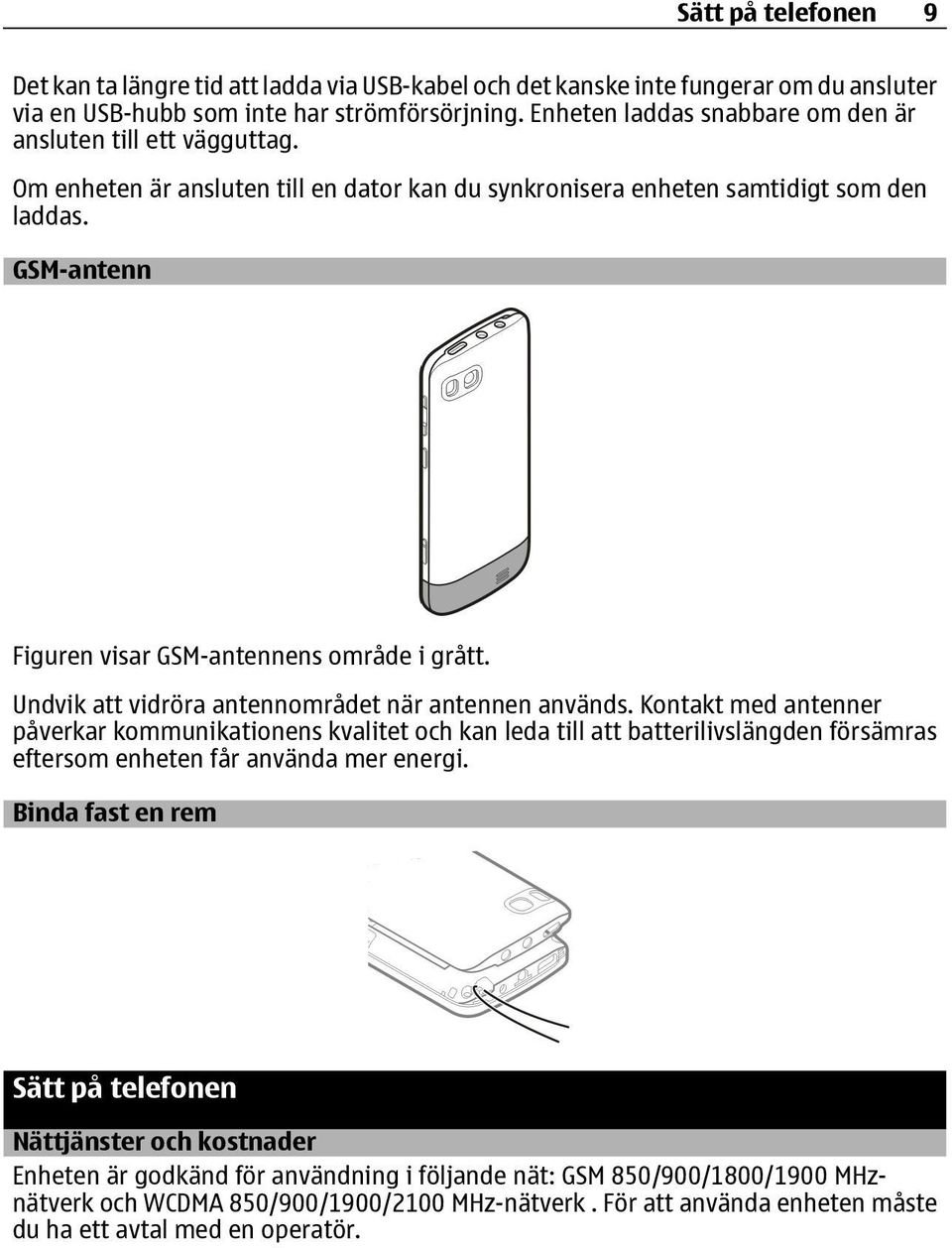 GSM-antenn Figuren visar GSM-antennens område i grått. Undvik att vidröra antennområdet när antennen används.