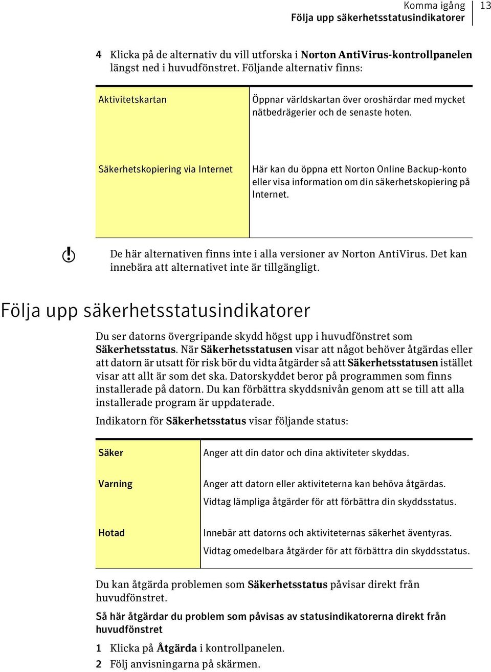 Säkerhetskopiering via Internet Här kan du öppna ett Norton Online Backup-konto eller visa information om din säkerhetskopiering på Internet.