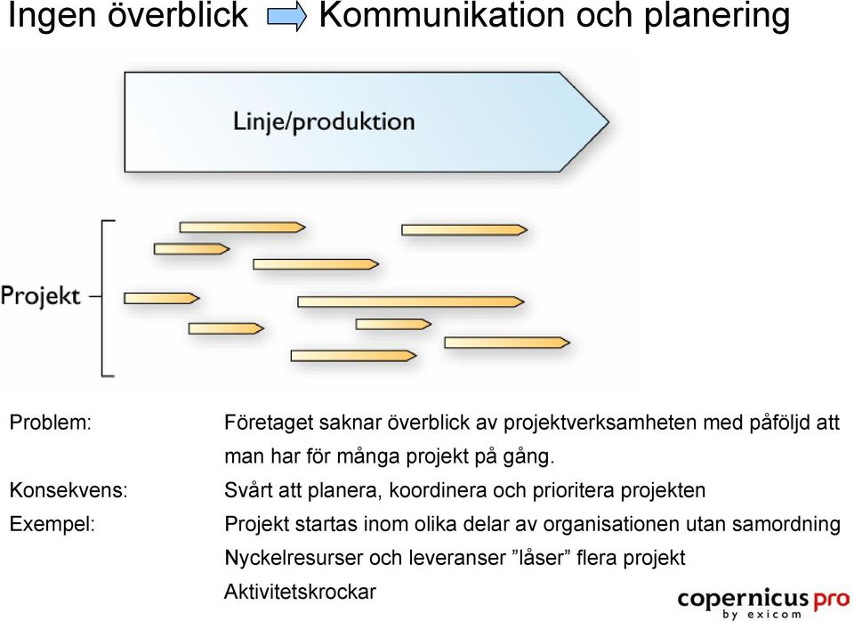 Svårt att planera, koordinera och prioritera projekten Projekt startas inom olika delar av