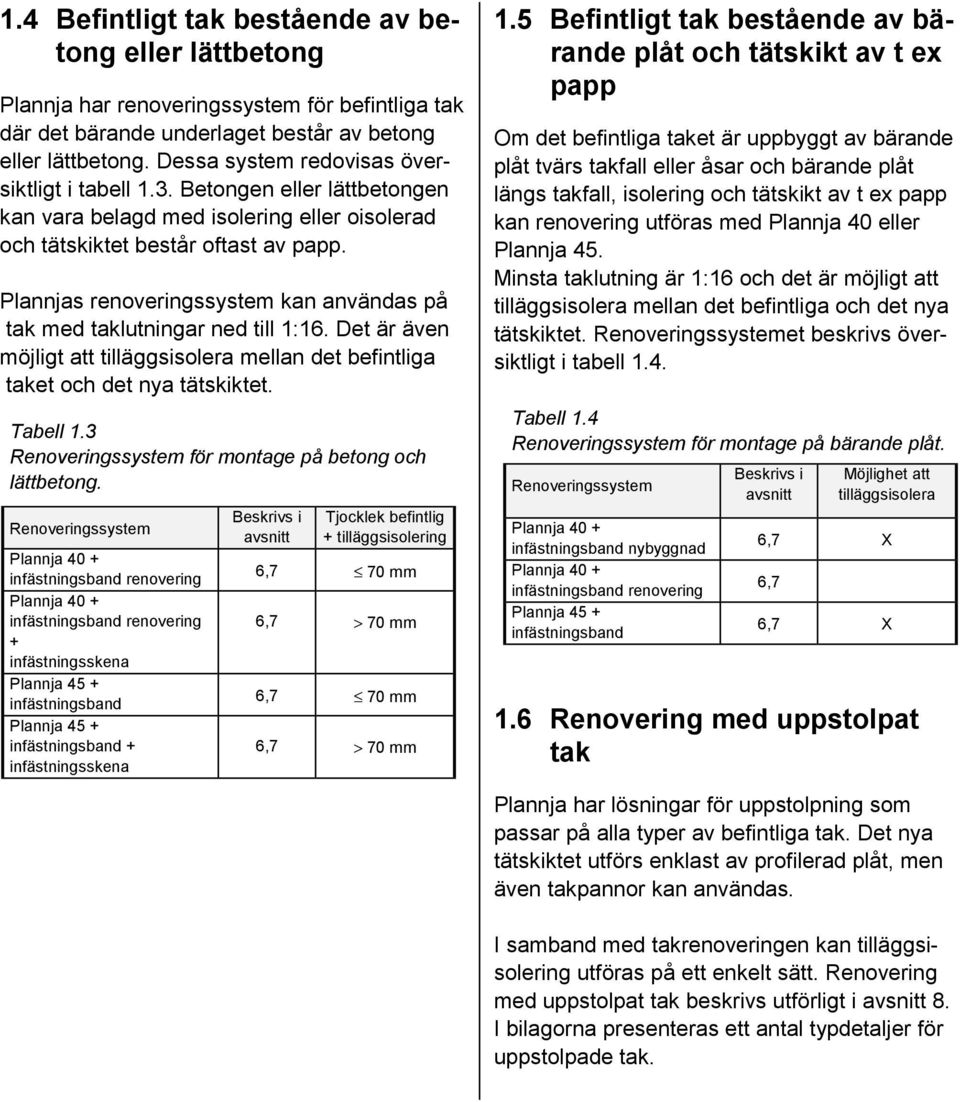 Plannjas renoveringssystem kan användas på tak med taklutningar ned till 1:16. Det är även möjligt att tilläggsisolera mellan det befintliga taket och det nya tätskiktet. Tabell 1.