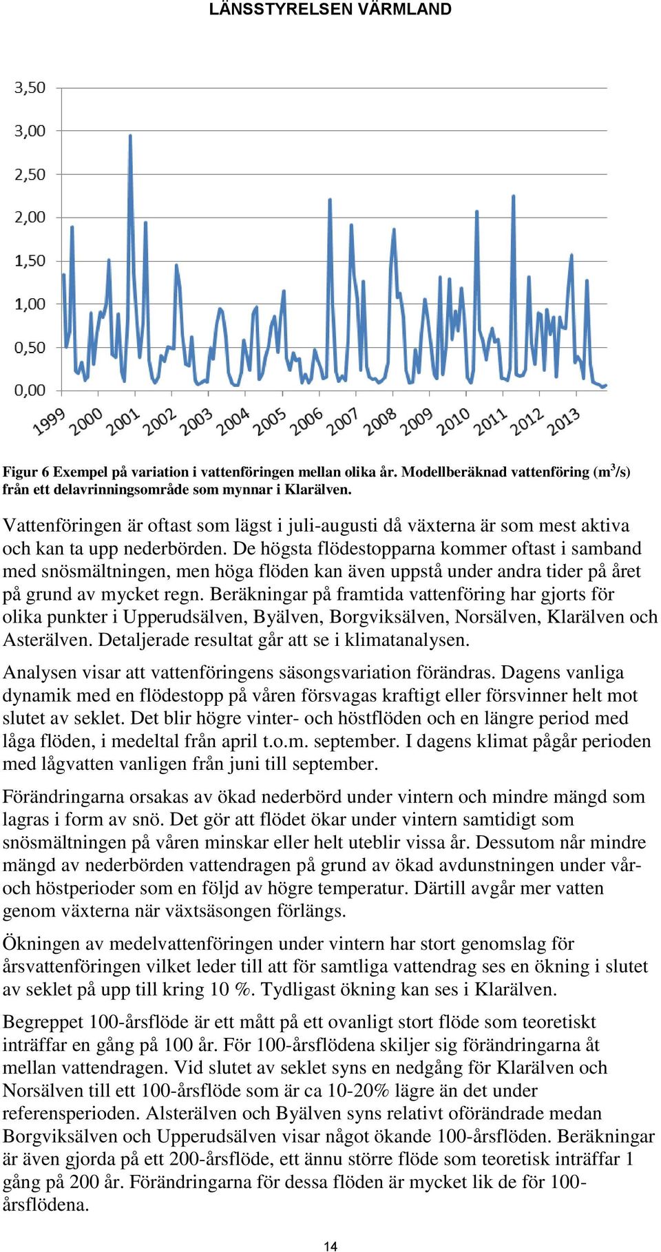 De högsta flödestopparna kommer oftast i samband med snösmältningen, men höga flöden kan även uppstå under andra tider på året på grund av mycket regn.