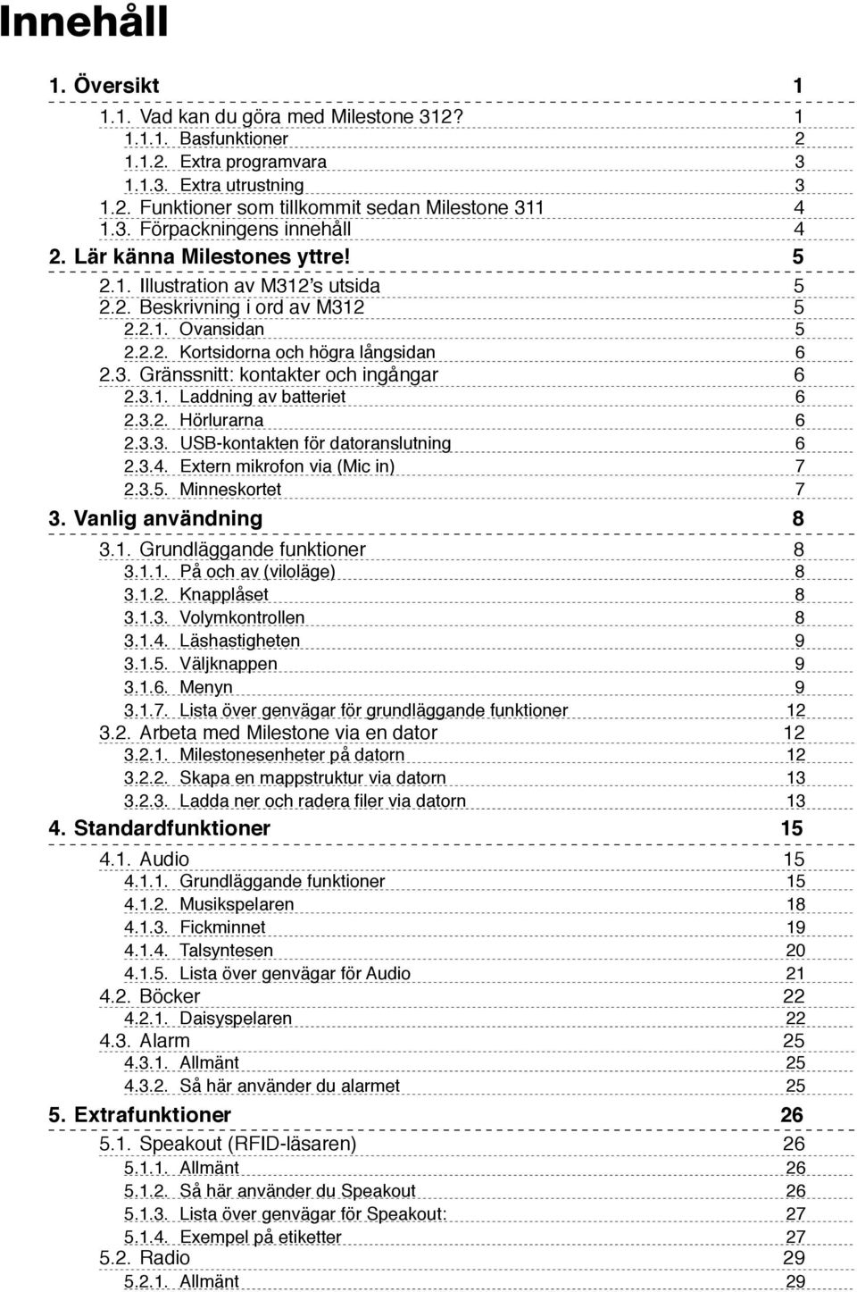 3.1. Laddning av batteriet 6 2.3.2. Hörlurarna 6 2.3.3. USB-kontakten för datoranslutning 6 2.3.4. Extern mikrofon via (Mic in) 7 2.3.5. Minneskortet 7 3. Vanlig användning 8 3.1. Grundläggande funktioner 8 3.