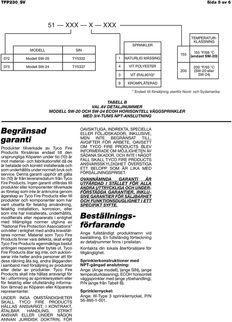 MED 3/4-TUMS NPT-ANSLUTNING Begränsad garanti Produkter tillverkade av Tyco Fire Products försäkras endast till den ursprungliga Köparen under tio (10) år mot material- och fabrikationsfel då de är