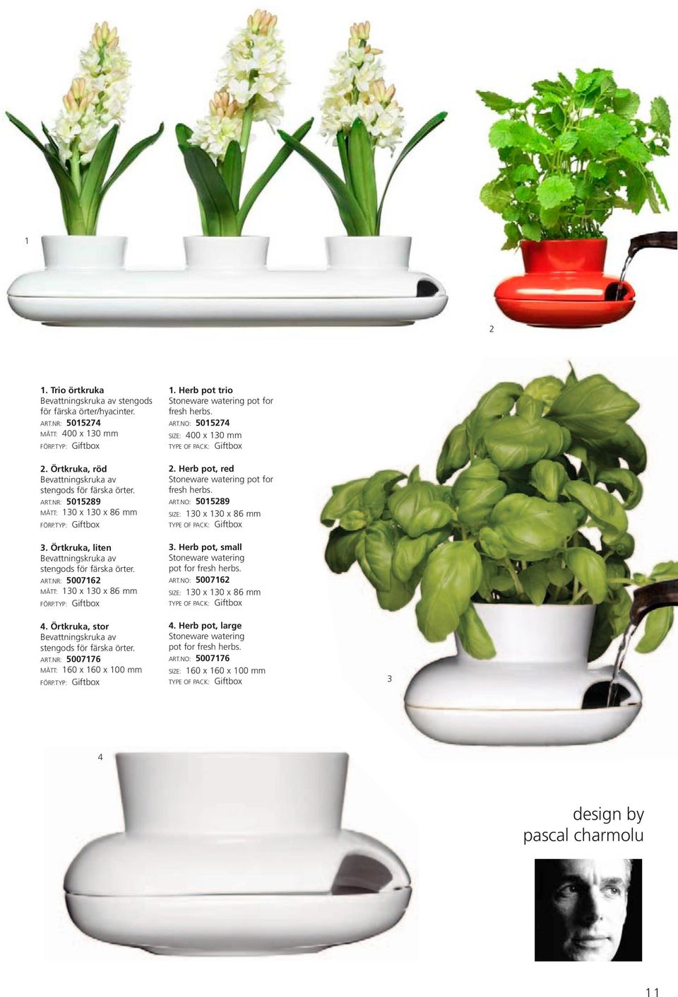 Herb pot trio Stoneware watering pot for fresh herbs. ART.NO: 5015274 SIZE: 400 x 130 mm 2. Herb pot, red Stoneware watering pot for fresh herbs. ART.NO: 5015289 SIZE: 130 x 130 x 86 mm 3.