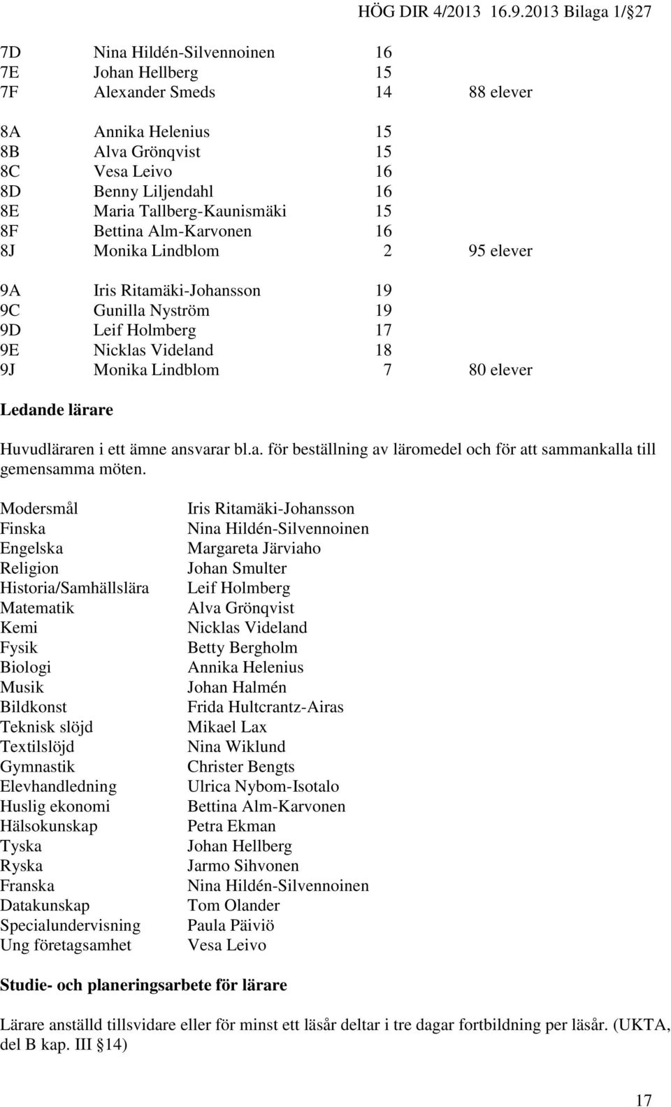 Huvudläraren i ett ämne ansvarar bl.a. för beställning av läromedel och för att sammankalla till gemensamma möten.