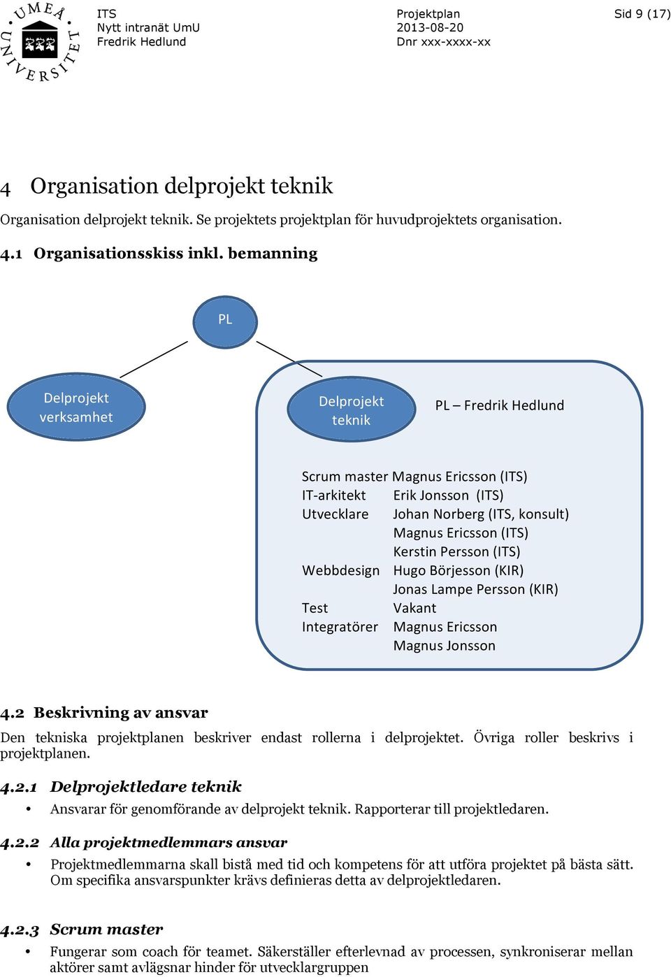 Övriga roller beskrivs i projektplanen. 4.2.