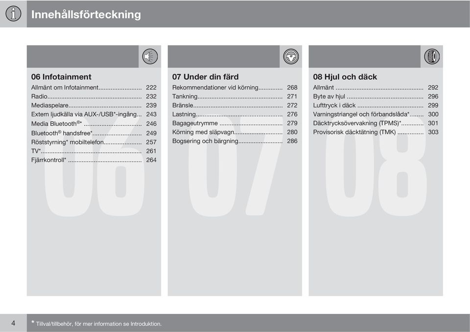 .. 280 Röststyrning* mobiltelefon... 257 Bogsering och bärgning... 286 TV*... 261 Fjärrkontroll*... 264 08 Hjul och däck 08 Allmänt... 292 Byte av hjul... 296 Lufttryck i däck.