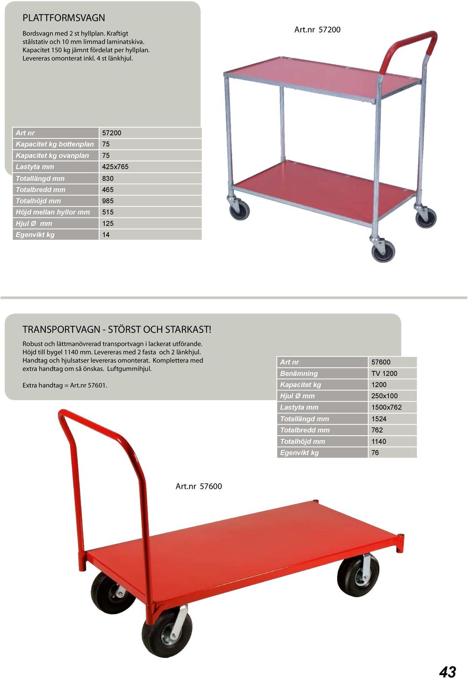 14 TRANSPORTVAGN - STÖRST OCH STARKAST! Robust och lättmanövrerad transportvagn i lackerat utförande. Höjd till bygel 1140 mm. Levereras med 2 fasta och 2 länkhjul.