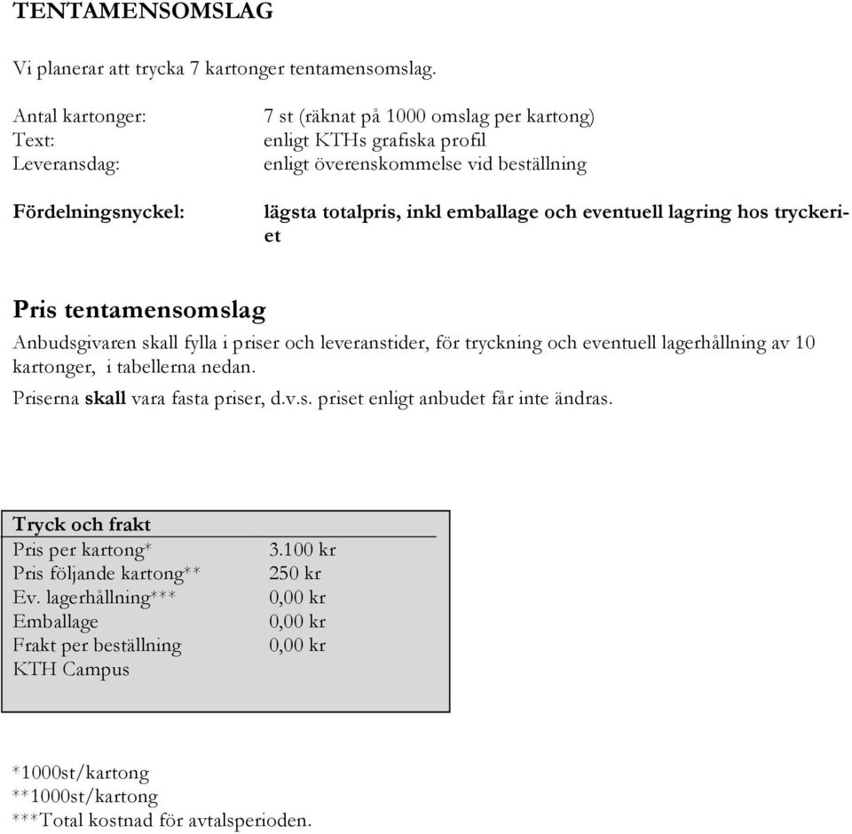 totalpris, inkl emballage och eventuell lagring hos tryckeriet Pris tentamensomslag Anbudsgivaren skall fylla i priser och leveranstider, för tryckning och eventuell