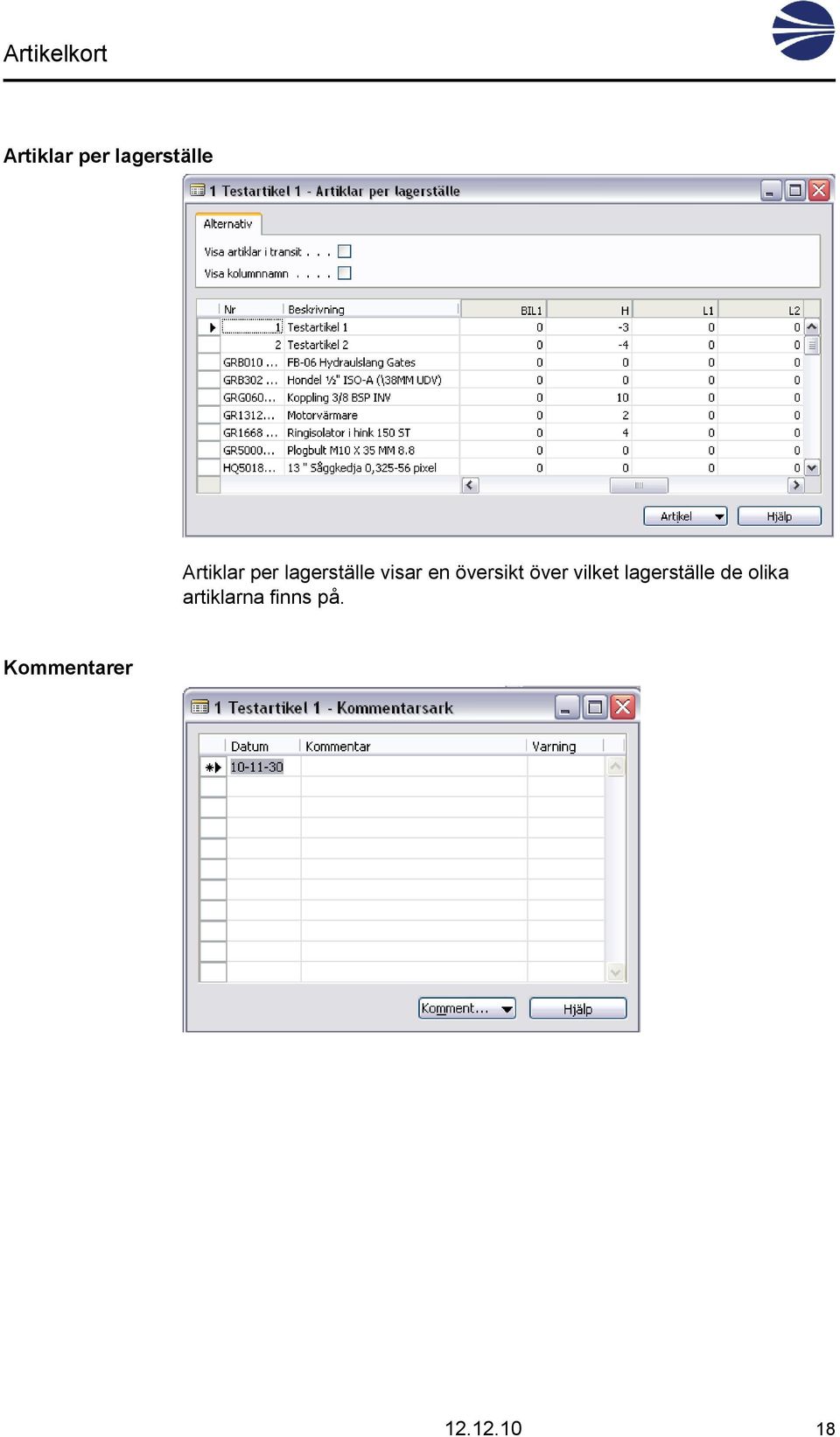 över vilket lagerställe de olika