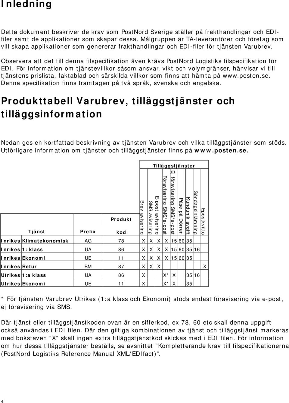 Observera att det till denna filspecifikation även krävs PostNord Logistiks filspecifikation för EDI.