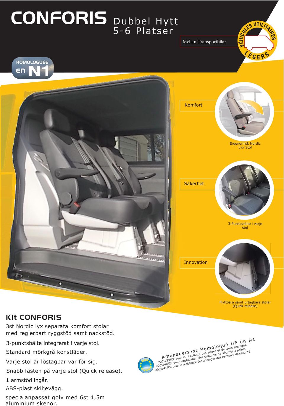 Snabb fästen på varje stol (Quick release). 1 armstöd ingår. ABS-plast skiljevägg. specialanpassat golv med 6st 1,5m aluminium skenor.