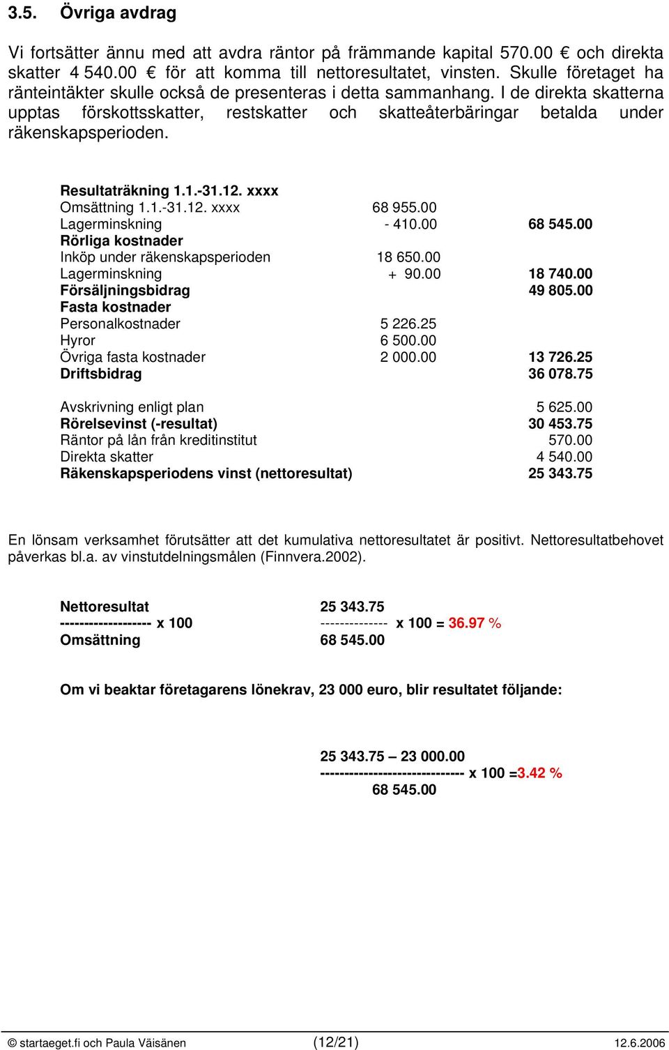 Resultaträkning 1.1.-31.12. xxxx Omsättning 1.1.-31.12. xxxx 68 955.00 Lagerminskning - 410.00 68 545.00 Rörliga kostnader Inköp under räkenskapsperioden 18 650.00 Lagerminskning + 90.00 18 740.