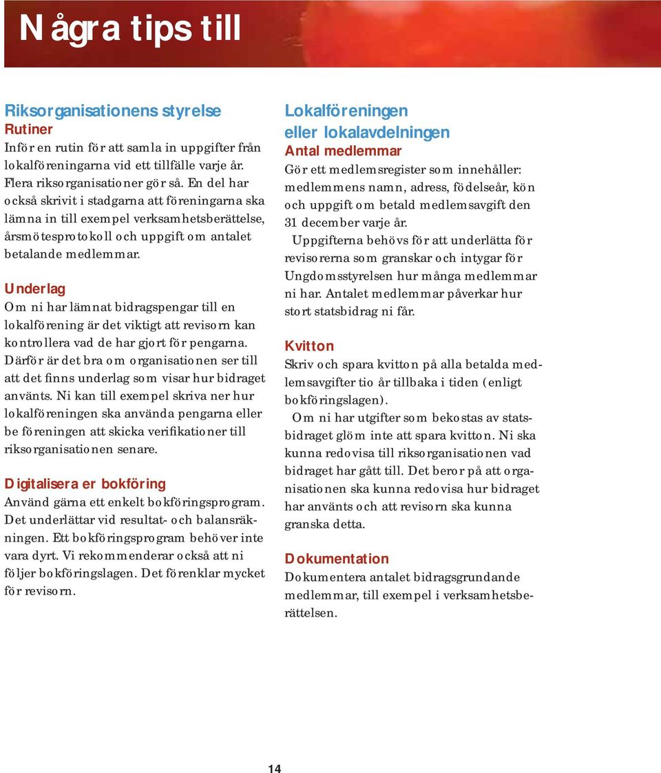 Underlag Om ni har lämnat bidragspengar till en lokalförening är det viktigt att revisorn kan kontrollera vad de har gjort för pengarna.