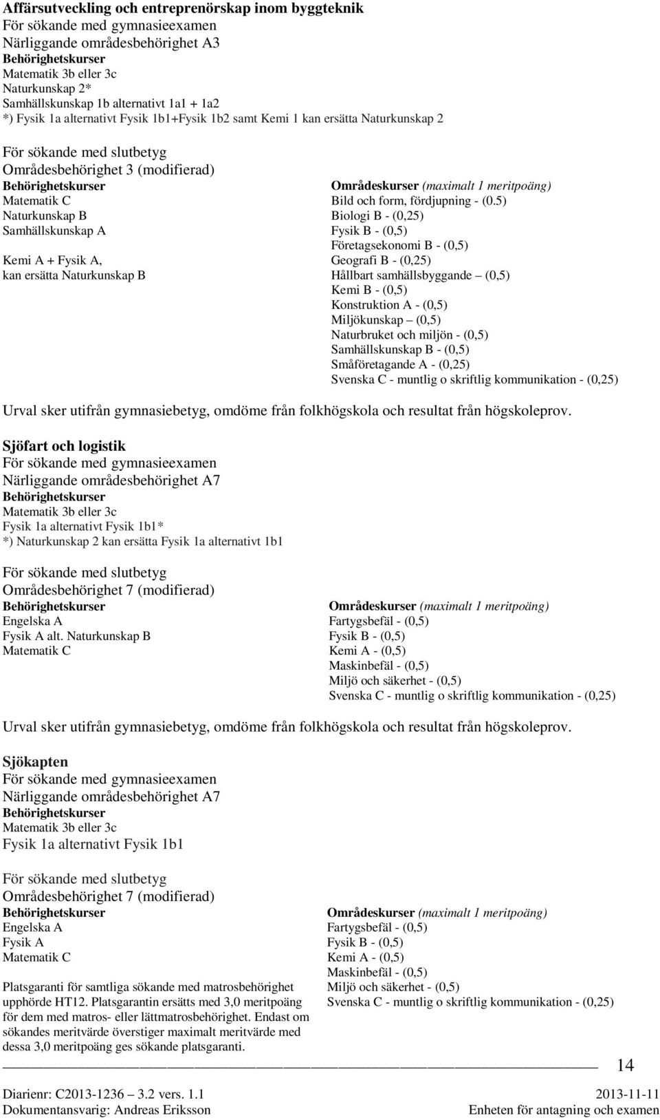 Naturkunskap B Samhällskunskap A Kemi A + Fysik A, kan ersätta Naturkunskap B Områdeskurser (maximalt 1 meritpoäng) Bild och form, fördjupning - (0.