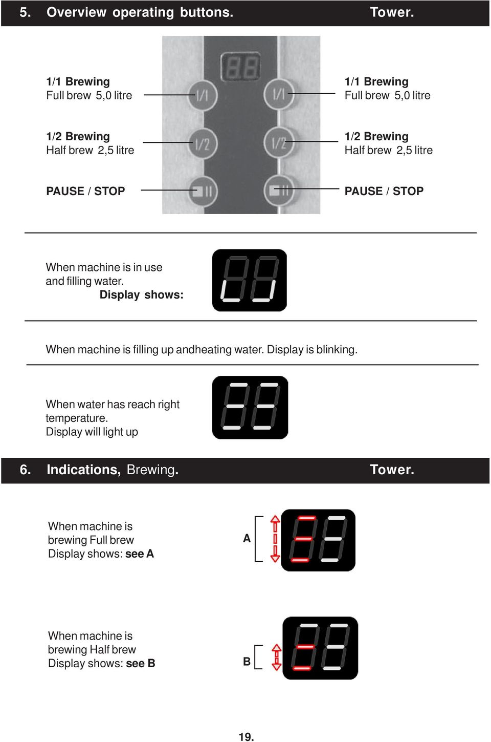 PAUSE / STOP PAUSE / STOP When machine is in use and filling water. Display shows: When machine is filling up andheating water.