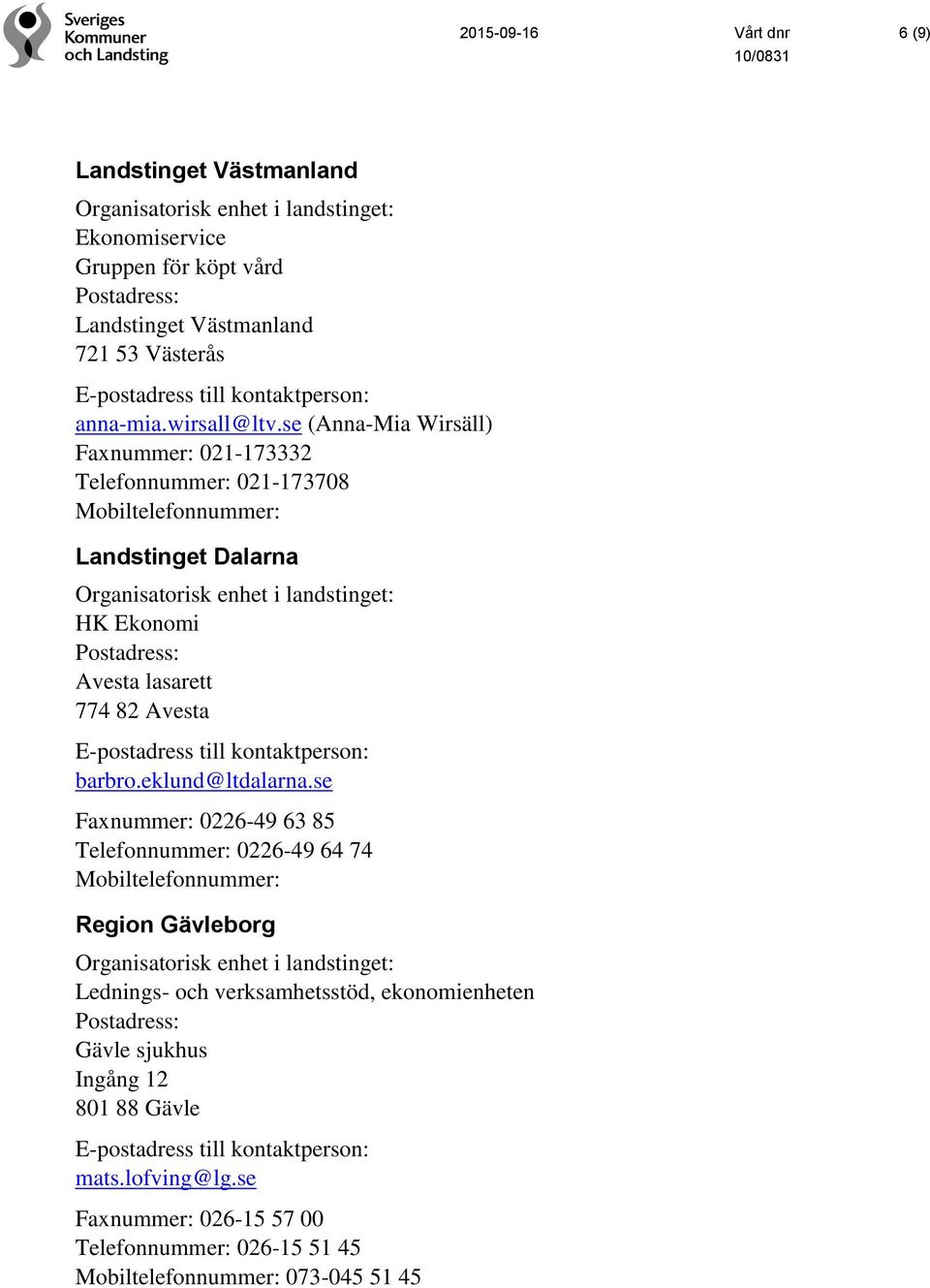 se (Anna-Mia Wirsäll) Faxnummer: 021-173332 Telefonnummer: 021-173708 Landstinget Dalarna HK Ekonomi Avesta lasarett 774 82 Avesta