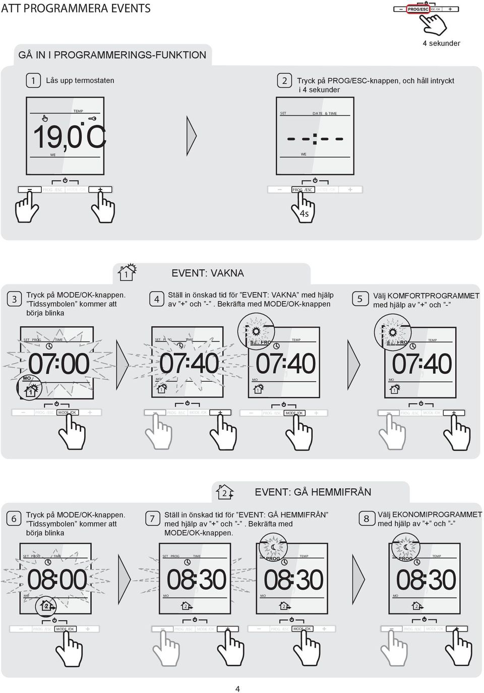 The Tidssymbolen Time symbol kommer starts att blinking. börja blinka Ställ Set your in önskad WAKE UP tid för time EVENT: with VAKNA and med buttons. hjälp av Confirm och the selection.