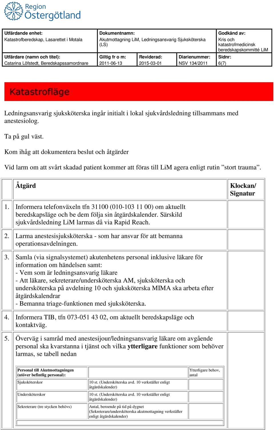 Informera telefonväxeln tfn 31100 (010103 11 00) om aktuellt beredskapsläge och be dem följa sin åtgärdskalender. sjukvårdsledning LiM larmas då via Rapid Reach. 2.