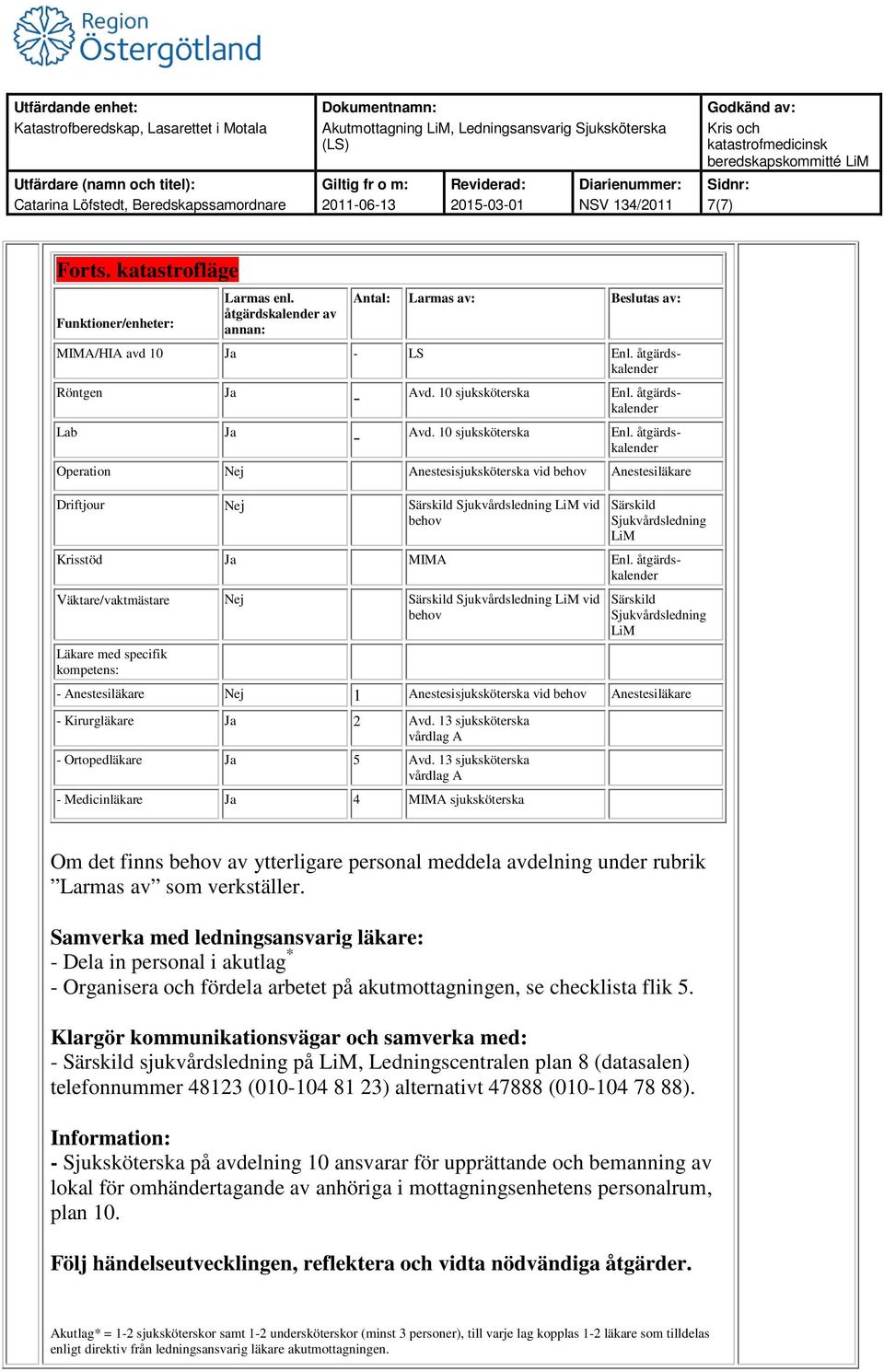 åtgärdskalender Operation Nej Anestesisjuksköterska vid Anestesiläkare Driftjour Nej Sjukvårdsledning LiM vid Sjukvårdsledning LiM Krisstöd Ja MIMA Enl.