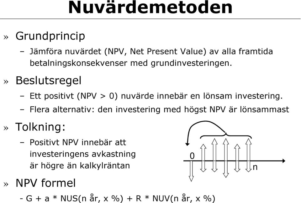 » Beslutsregel Ett positivt (NPV > 0) nuvärde innebär en lönsam investering.