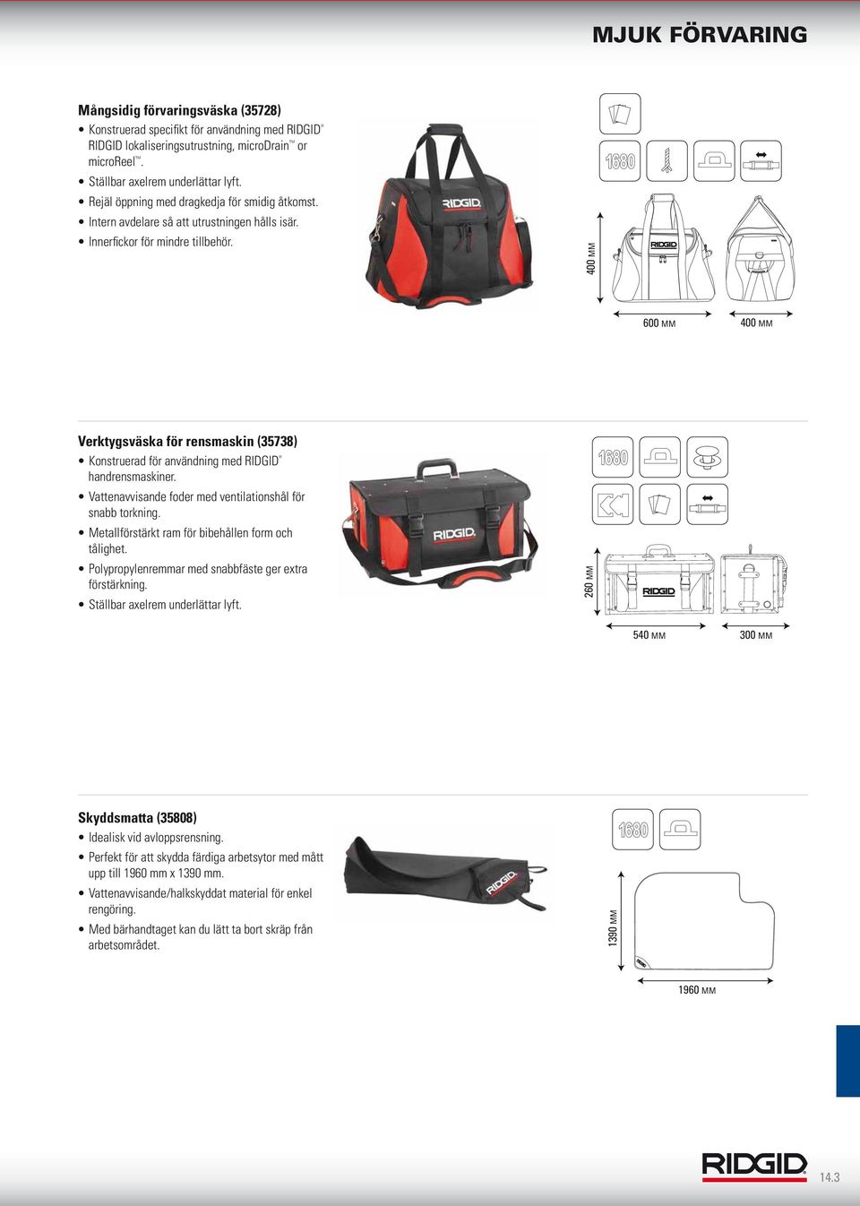 Vattenavvisande foder med ventilationshål för snabb torkning. Quick Release Ställbar axelrem underlättar lyft. Manual Pouch 260 MM Metallförstärkt ram för bibehållen form och tålighet.