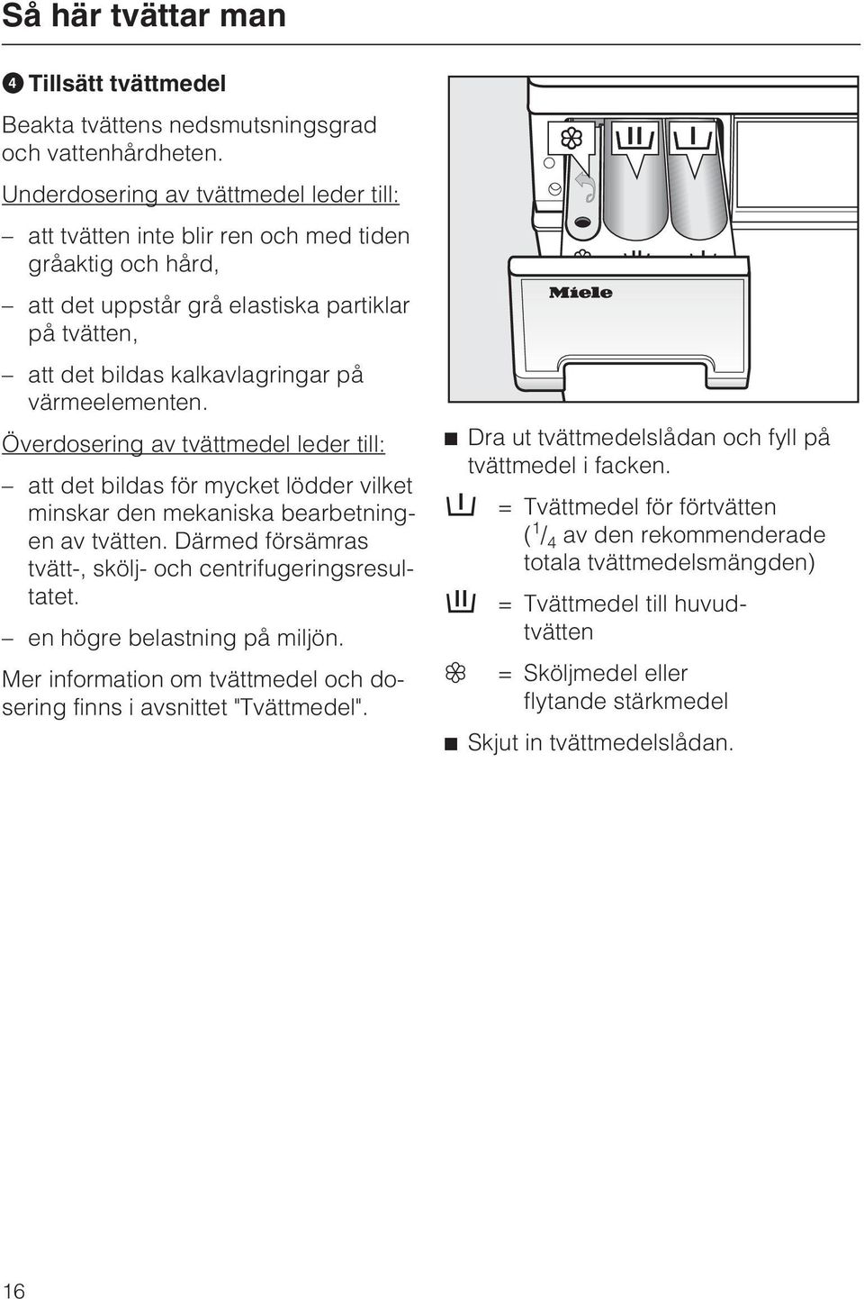 Överdosering av tvättmedel leder till: att det bildas för mycket lödder vilket minskar den mekaniska bearbetningen av tvätten. Därmed försämras tvätt-, skölj- och centrifugeringsresultatet.