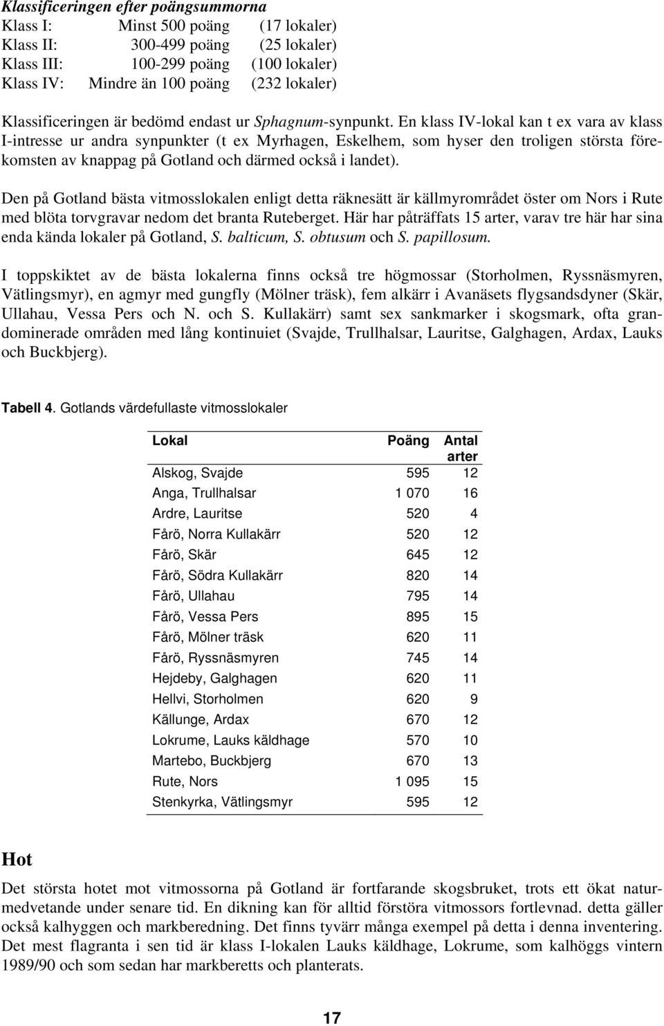 En klass IV-lokal kan t ex vara av klass I-intresse ur andra synpunkter t ex Myrhagen, Eskelhem, som hyser den troligen största före- av knappag på Gotland och därmed också i komsten landet).
