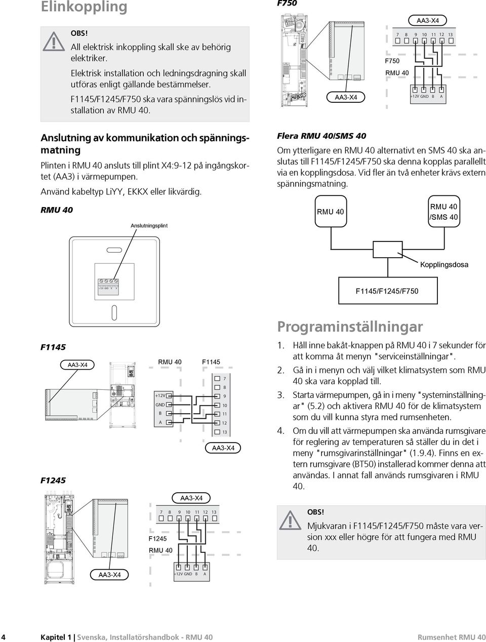 +12V GND B A Anslutning av kommunikation och spänningsmatning Plinten i ansluts till plint X4:9-12 på ingångskortet (AA3) i värmepumpen. Använd kabeltyp LiYY, EKKX eller likvärdig.