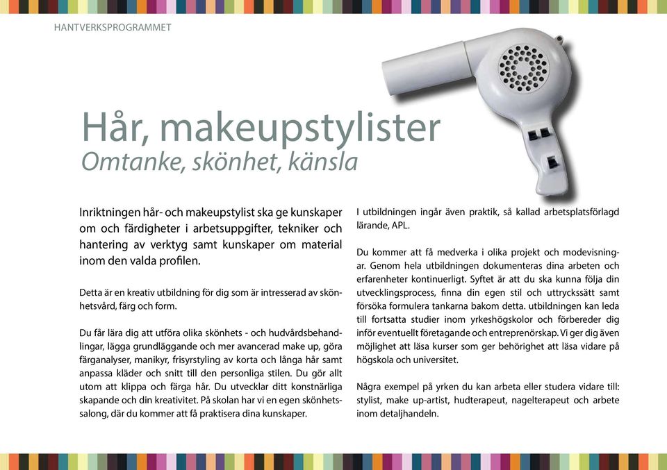 Du får lära dig att utföra olika skönhets - och hudvårdsbehandlingar, lägga grundläggande och mer avancerad make up, göra färganalyser, manikyr, frisyrstyling av korta och långa hår samt anpassa