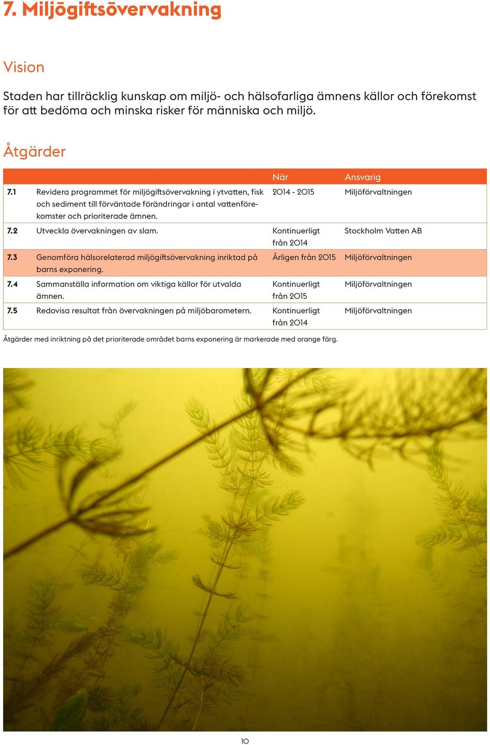 2 Utveckla övervakningen av slam. Stockholm Vatten AB från 2014 7.3 Genomföra hälsorelaterad miljögiftsövervakning inriktad på Årligen Miljöförvaltningen barns exponering. 7.4 Sammanställa information om viktiga källor för utvalda Miljöförvaltningen ämnen.