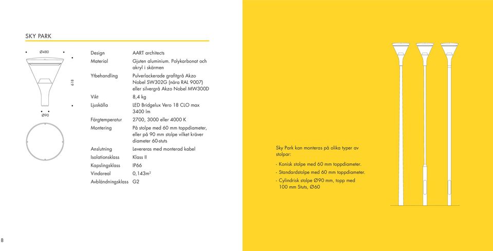 3000 eller 4000 K På stolpe med 60 mm toppdiameter, eller på 90 mm stolpe vilket kräver diameter 60-stuts Levereras med monterad kabel Klass II IP66 Vindareal 0,143m 2