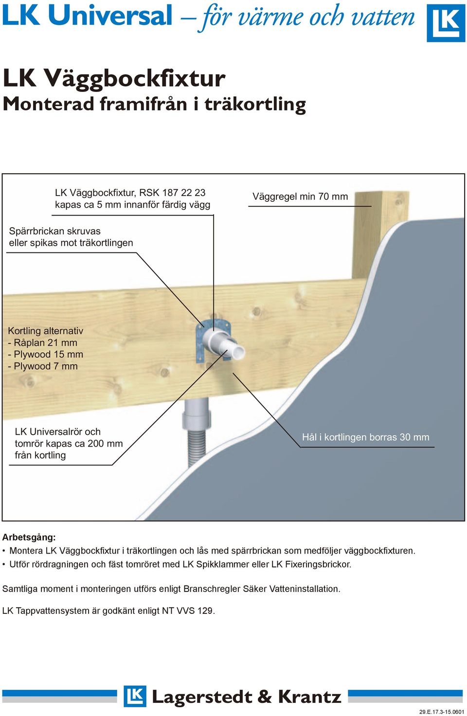 tomrör kapas ca 200 mm från kortling Hål i kortlingen borras 30 mm Arbetsgång: Montera LK Väggbockfi xtur i träkortlingen och lås med