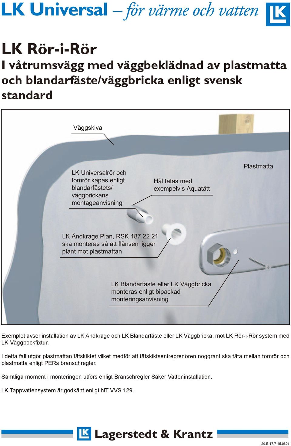 eller LK Väggbricka monteras enligt bipackad monteringsanvisning Exemplet avser installation av LK Ändkrage och LK Blandarfäste eller LK Väggbricka, mot LK Rör-i-Rör system med LK