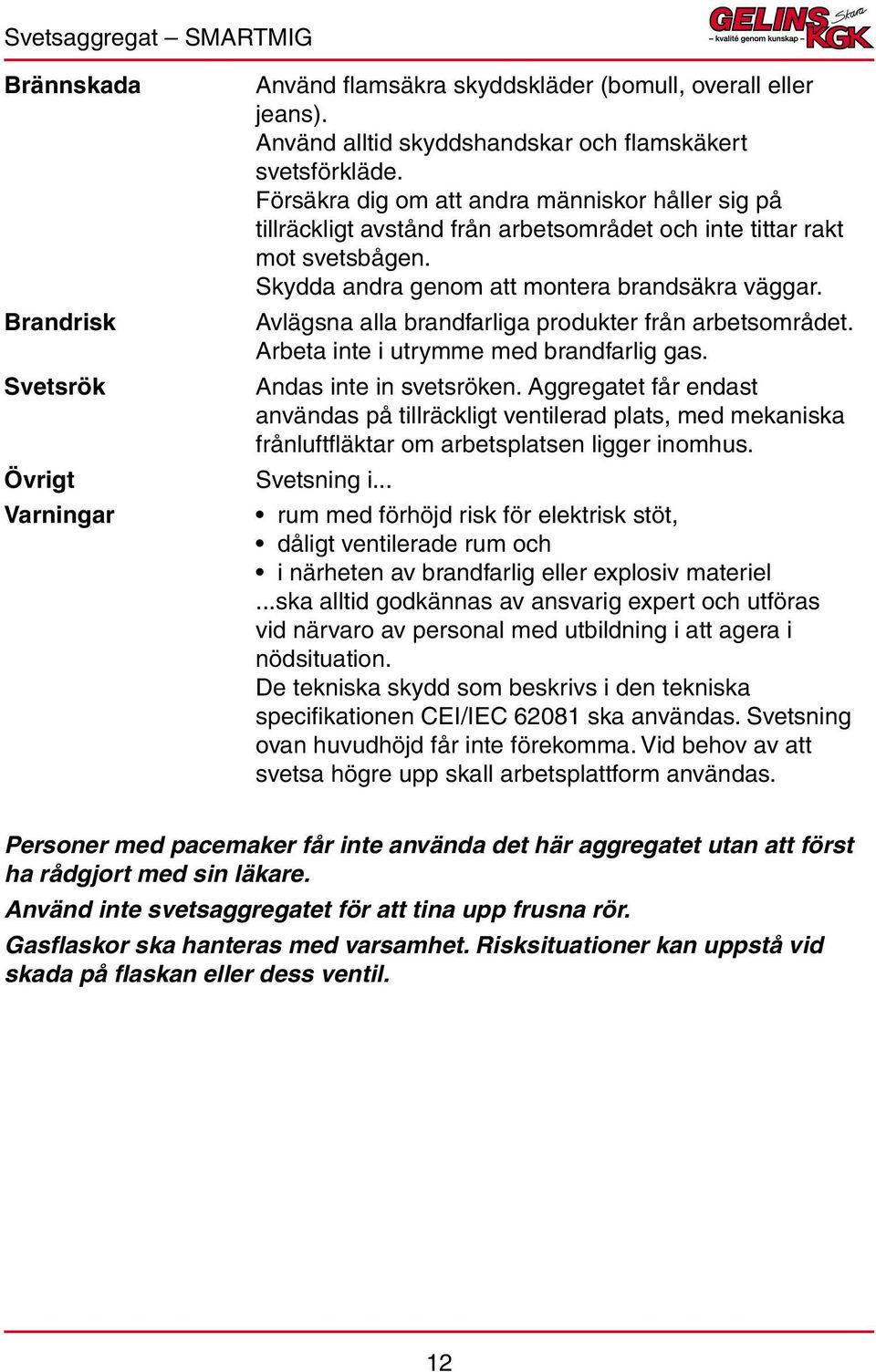 Avlägsna alla brandfarliga produkter från arbetsområdet. Arbeta inte i utrymme med brandfarlig gas. Andas inte in svetsröken.