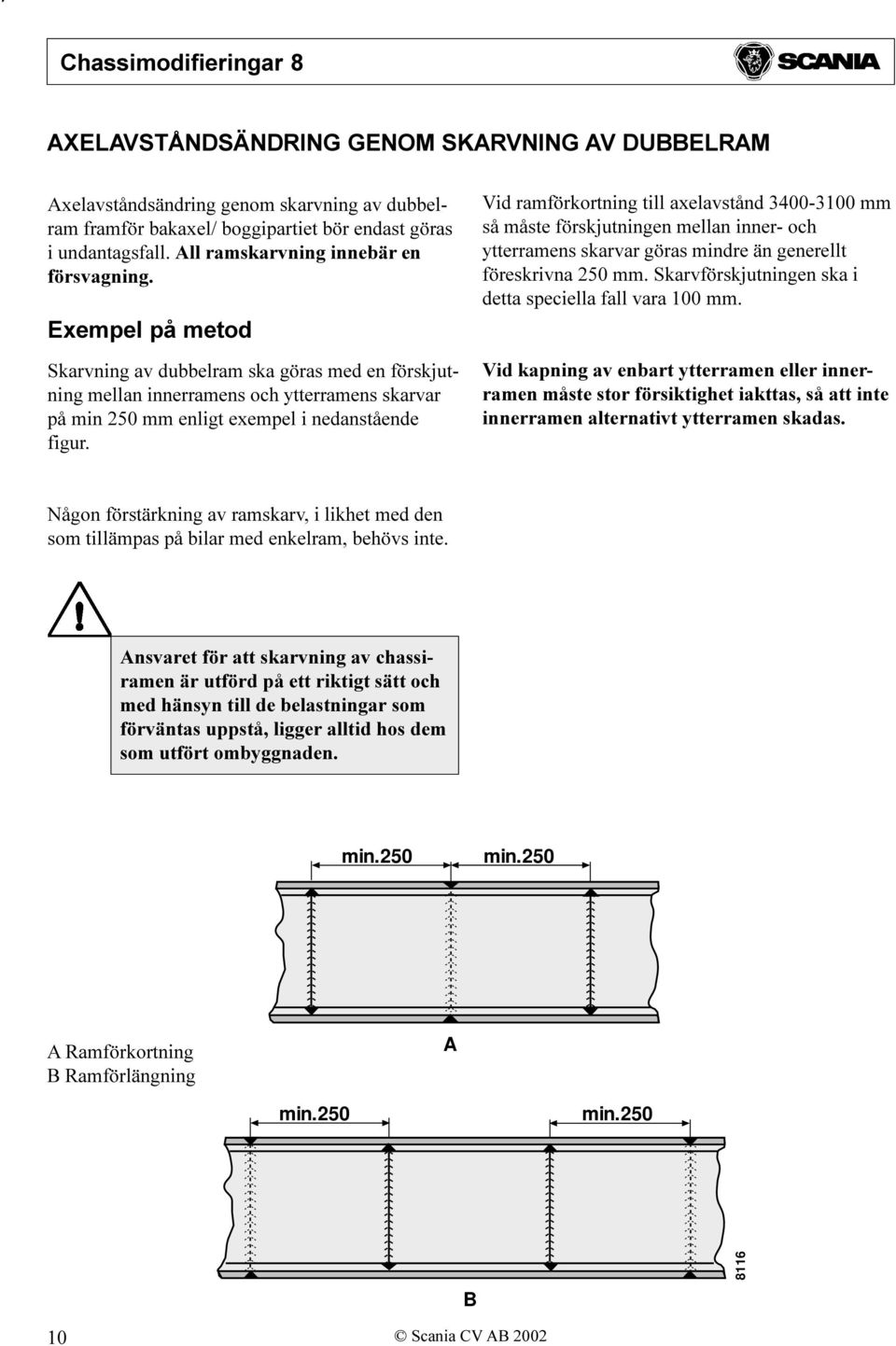 Exempel på metod Skarvning av dubbelram ska göras med en förskjutning mellan innerramens och ytterramens skarvar på min 250 mm enligt exempel i nedanstående figur.