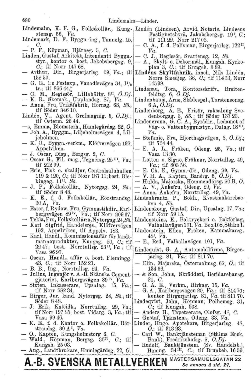 , kontor o. bost. Jakobsbergsg. 9, A., Skylt o. Dekor.mål., Kungsh. Kyrko C.; tlf Norr 14768. plan 3, C.; tlf Kungsh. 389. Arthur, Dir., Birgerjarlsg. 69, Va.; tlf Lindens Skyttfabrlk, inneh.