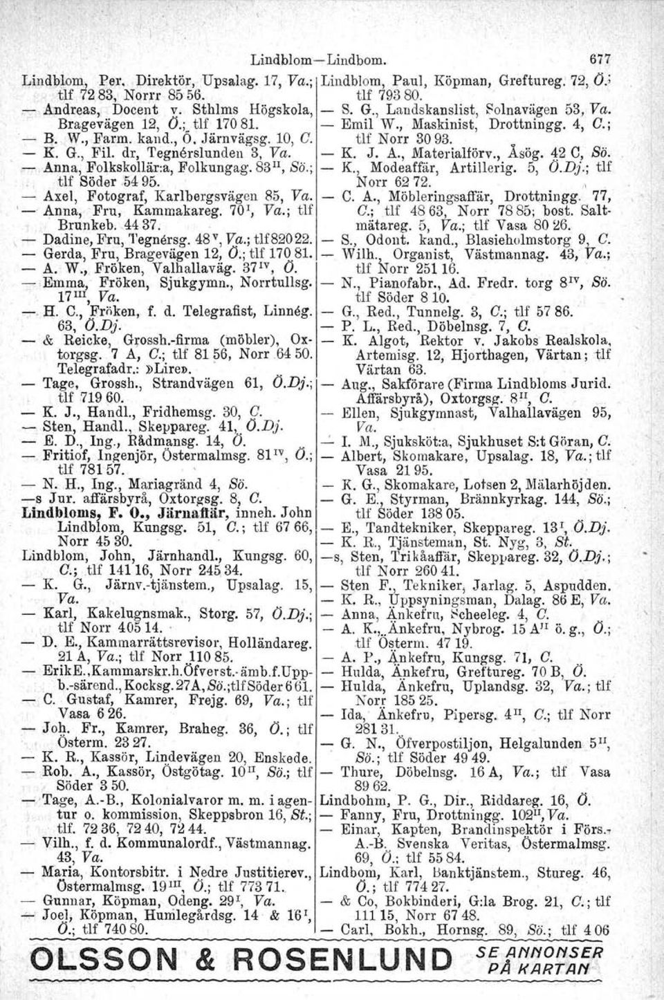 Sä. " Anna, Folkskollär:a, Folkungag. 83 1l, So.; K., Modeaffär. Artillerig. 5, Ö.DJ.; tlf tlf Söder M 95. Norr 62 72., Axel, Fotograf, Karlbergsvägen 85, Va. C. A., Möbleringsaffär, Drottningg.