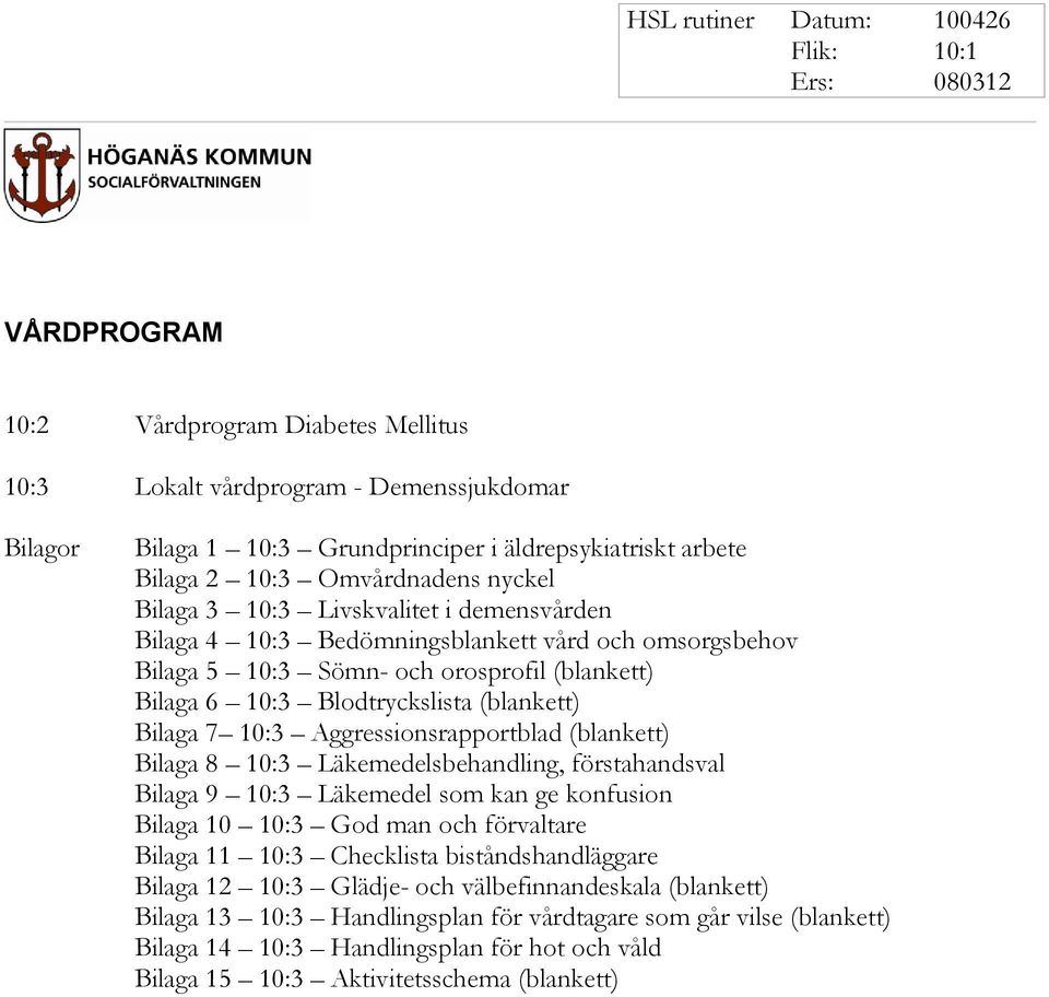 Blodtryckslista (blankett) Bilaga 7 10:3 Aggressionsrapportblad (blankett) Bilaga 8 10:3 Läkemedelsbehandling, förstahandsval Bilaga 9 10:3 Läkemedel som kan ge konfusion Bilaga 10 10:3 God man och