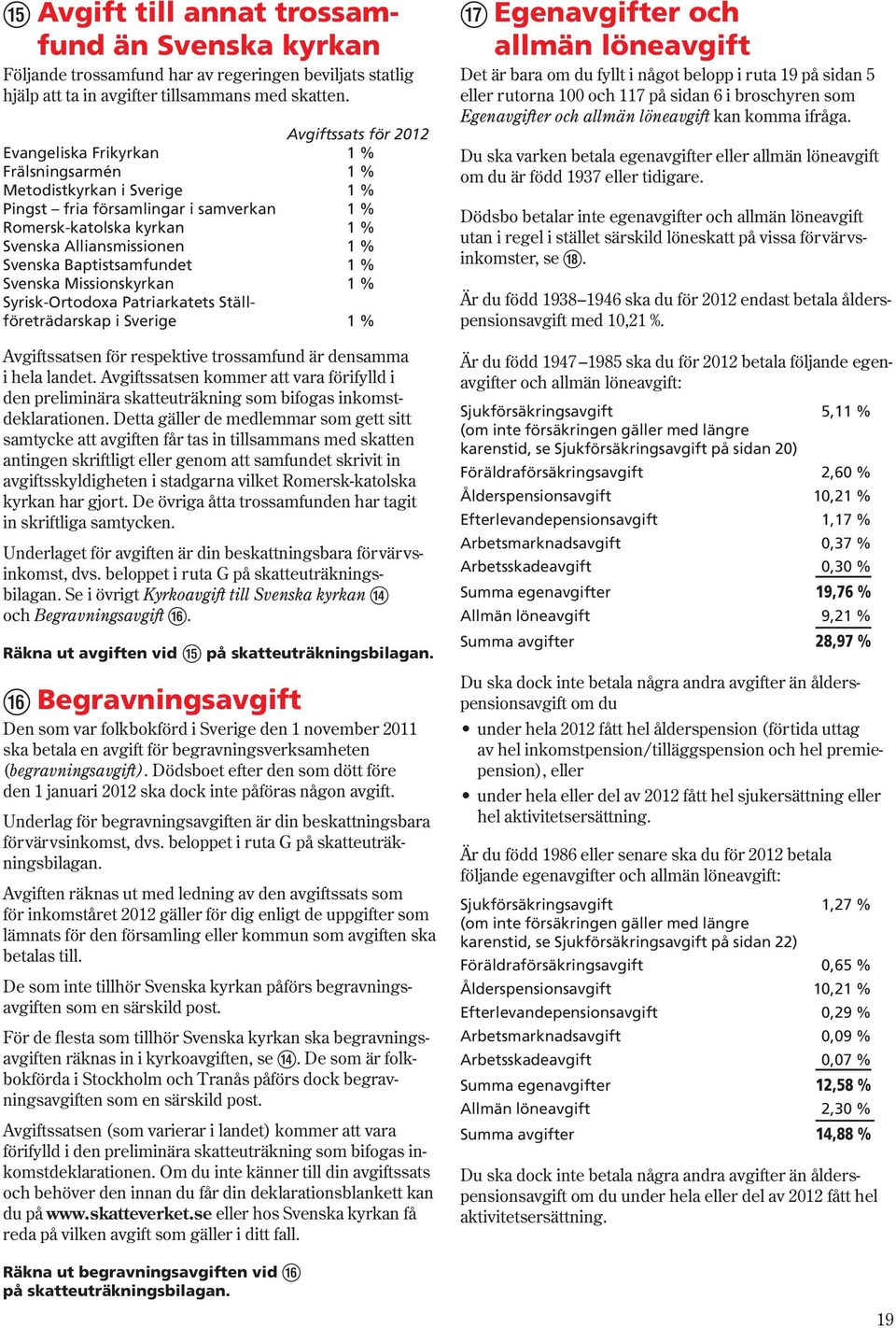 Svenska Baptistsamfundet 1 % Svenska Missionskyrkan 1 % Syrisk-Ortodoxa Patriarkatets Ställföreträdarskap i Sverige 1 % Avgiftssatsen för respektive trossamfund är densamma i hela landet.