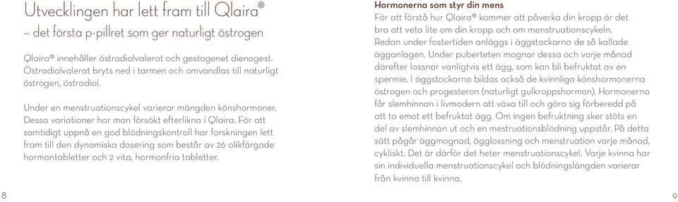 För att samtidigt uppnå en god blödningskontroll har forskningen lett fram till den dynamiska dosering som består av 26 olikfärgade hormontabletter och 2 vita, hormonfria tabletter.