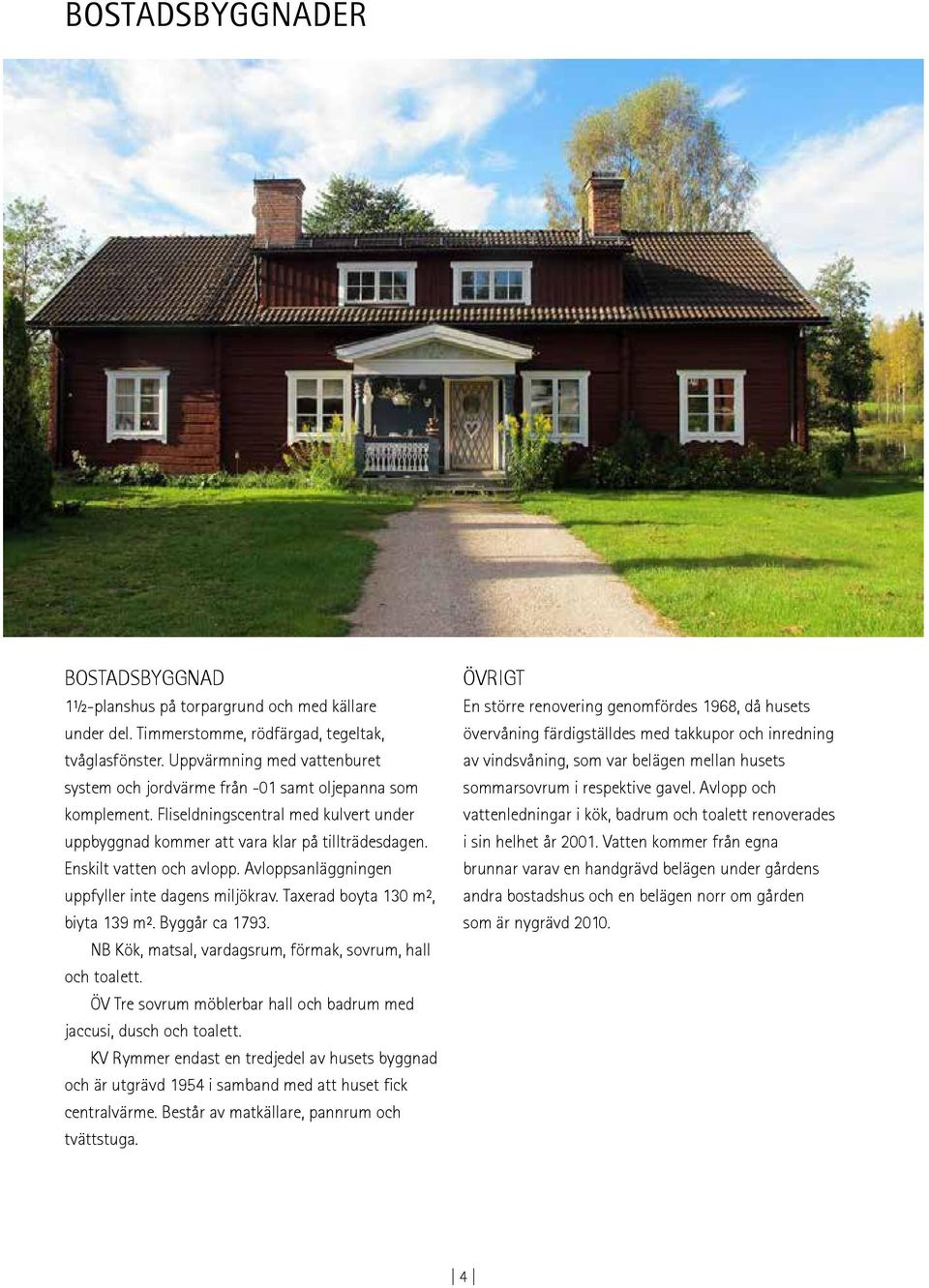 Enskilt vatten och avlopp. Avloppsanläggningen uppfyller inte dagens miljökrav. Taxerad boyta 130 m², biyta 139 m². Byggår ca 1793. NB Kök, matsal, vardagsrum, förmak, sovrum, hall och toalett.