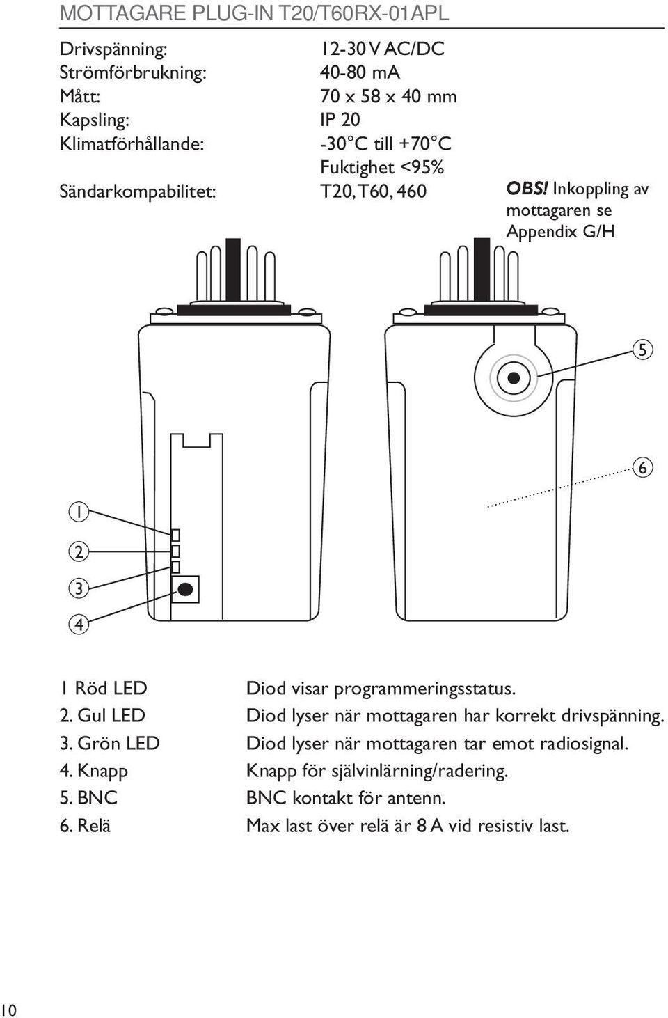 Inkoppling av mottagaren se Appendix G/H 5 6 1 2 3 4 1 Röd LED Diod visar programmeringsstatus. 2. Gul LED Diod lyser när mottagaren har korrekt drivspänning.