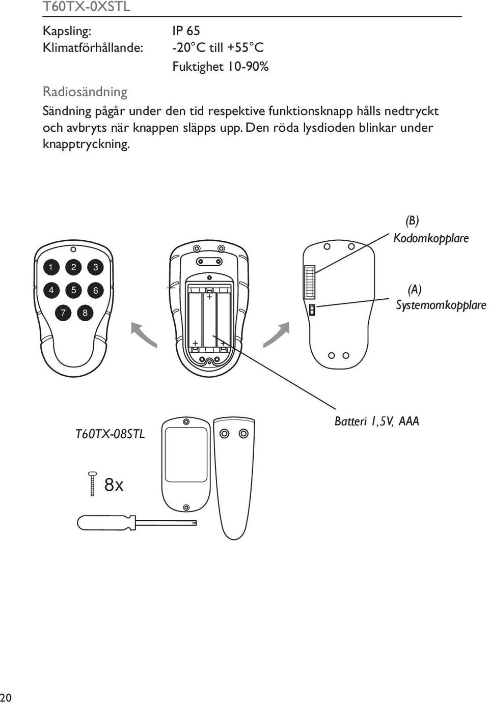 och avbryts när knappen släpps upp. Den röda lysdioden blinkar under knapptryckning.