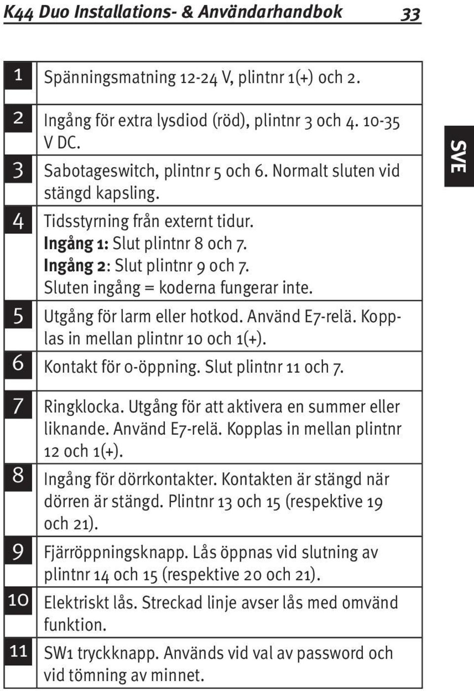 5 Utgång för larm eller hotkod. Använd E7-relä. Kopplas in mellan plintnr 10 och 1(+). 6 Kontakt för 0-öppning. Slut plintnr 11 och 7. 7 Ringklocka. Utgång för att aktivera en summer eller liknande.